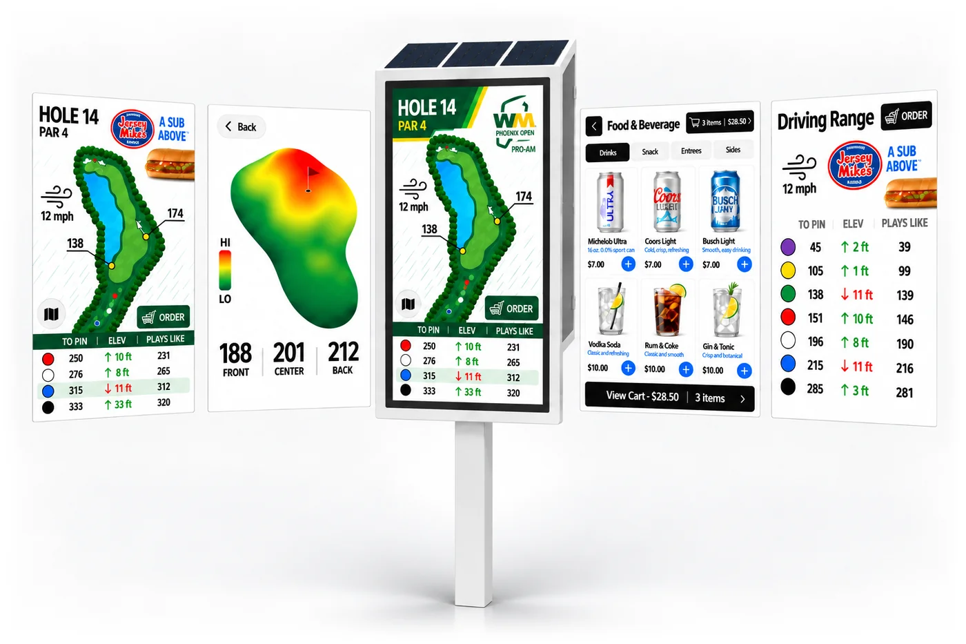 TeePad smart yardage sign with its feature screens